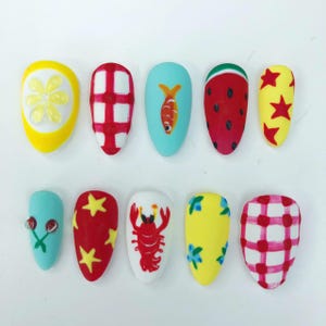 Colorful Summer Fish Crab  Press-On Nails, Handmade Cute Beach Nails Art, Custom Y2k Style Press On Nail Set, Party, Birthday Nail For Her