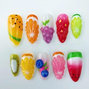 Fruit Nail, Orange, Strawberry, Grape, Watermelon 3D Press-On Nails, Handmade Cute Nails Art, Custom Y2k Style Press On Nail Set, Party Nail