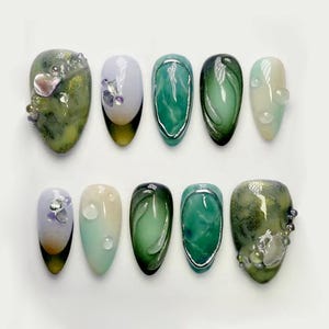 Greenstone Style Press On Nails, Trending Summer Girls Press-on Nails Faux Acrylic Art, Custom Nails, Fake Nail, Event/Birthday Nails Gift