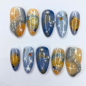Stars Night Press On Nails Art, Autumn Cute Girls Y2k Faux Acrylic Design, Custom Nailbox, Wear Nail, Handmade Gifts