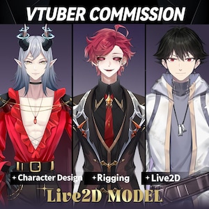 May include: A VTuber commission display featuring three distinct anime-style character designs. The text reads VTUBER COMMISSION, Character Design, Rigging, Live2D, and Live2D MODEL. The characters showcase varied outfits, hairstyles, and accessories.