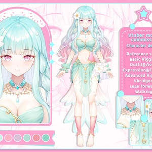 Puede incluir: Una ilustraci&oacute;n digital de un personaje femenino de anime con cabello largo y turquesa. Lleva un atuendo verde claro y blanco con una corona de flores. La imagen incluye una paleta de colores y texto que dice "Vtuber model commission Character design Reference sheet Basic Rigging Outfit & Asset Expression & Emotes Advanced Rigging Vbridger Lean forward Walking".