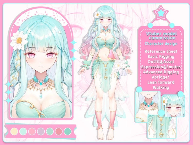 Puede incluir: Una ilustraci&oacute;n digital de un personaje femenino de anime con cabello largo y turquesa. Lleva un atuendo verde claro y blanco con una corona de flores. La imagen incluye una paleta de colores y texto que dice "Vtuber model commission Character design Reference sheet Basic Rigging Outfit & Asset Expression & Emotes Advanced Rigging Vbridger Lean forward Walking".