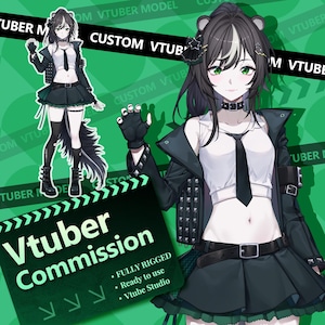 May include: A digital illustration of a custom VTuber model. The character has black hair with white highlights, green eyes, and is wearing a black jacket, skirt, and tie. The image includes the text "Vtuber Commission" and details about the service.