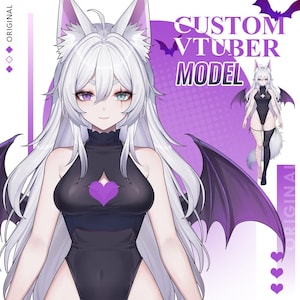 May include: A digital illustration of a character with long white hair, fox-like ears, and heterochromia, featuring one purple and one blue eye. The character wears a black bodysuit with a purple heart cutout and bat wings. Text reads CUSTOM VTUBER MODEL.
