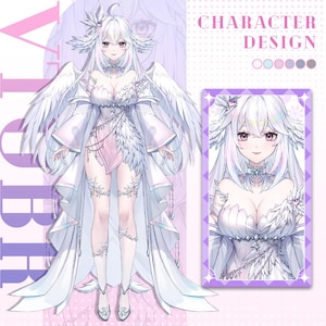 Puede incluir: Una ilustraci&oacute;n digital de un dise&ntilde;o de personaje para un personaje femenino con cabello largo blanco, vistiendo un vestido de plumas blancas y rosas con un halo blanco. El personaje tiene un halo y alas de plumas blancas. La imagen incluye el texto "CHARACTER DESIGN".