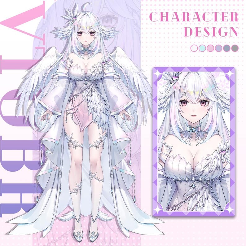 Puede incluir: Una ilustraci&oacute;n digital de un dise&ntilde;o de personaje para un personaje femenino con cabello largo blanco, vistiendo un vestido de plumas blancas y rosas con un halo blanco. El personaje tiene un halo y alas de plumas blancas. La imagen incluye el texto "CHARACTER DESIGN".