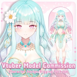 May include: A digital illustration of a female anime character with long, flowing turquoise hair. She is wearing a green and white outfit with a flower in her hair. The text "Vtuber Model Commission Character Design/Rigging Package" is at the bottom of the image.