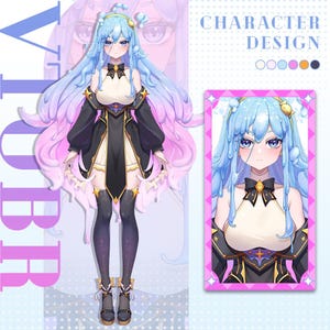 Puede incluir: Una ilustraci&oacute;n digital de un dise&ntilde;o de personaje para un personaje femenino con cabello largo azul, vistiendo un vestido blanco y negro con detalles dorados y un lazo azul. El personaje tiene ojos azules y un fondo azul claro.