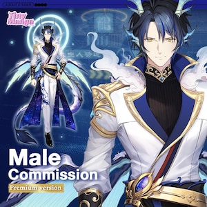 May include: A digital illustration of a male character with blue hair and horns, wearing a white and blue outfit with gold accents. The character is standing in front of a blue and white background with the text "Male Commission Premium version".
