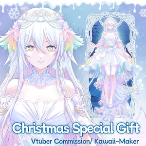 Op de afbeelding: Een digitale illustratie van een anime-personage met wit haar dat een witte jurk draagt met een blauwe en roze gradiënt. Het personage draagt een kroon op zijn hoofd en is omringd door sneeuwvlokken. De tekst "Christmas Special Gift" en "Vtuber Commission/Kawaii-Maker" staat onderaan de afbeelding.