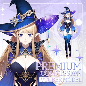 May include: A digital illustration of a female anime character with long blonde hair wearing a blue and gold witch's outfit and a large blue and purple hat with stars. The text "PREMIUM COMMISSION VTUBER MODEL" is at the bottom of the image.