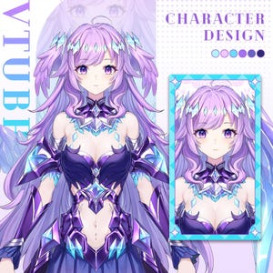 Puede incluir: Una ilustraci&oacute;n digital de un personaje femenino de anime con cabello largo y morado y ojos azules. Lleva un atuendo morado y azul con un dise&ntilde;o de cristal. El personaje est&aacute; de pie frente a un fondo azul con el texto "CHARACTER DESIGN" en blanco.