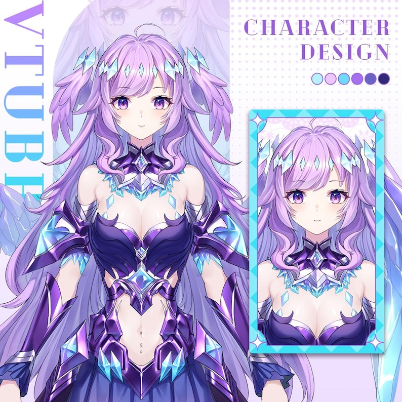 Puede incluir: Una ilustraci&oacute;n digital de un personaje femenino de anime con cabello largo y morado y ojos azules. Lleva un atuendo morado y azul con un dise&ntilde;o de cristal. El personaje est&aacute; de pie frente a un fondo azul con el texto "CHARACTER DESIGN" en blanco.