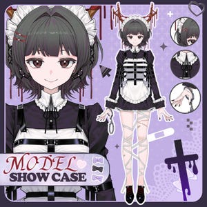 以下が含まれることがあります： 短いダークヘアのキャラクターのデジタルイラスト。ストラップ付きの黒と白のメイド風衣装、白いエプロン、脚の包帯を着用している。画像には「MODEL SHOW CASE」というテキストと、詳細を示す円形のインセットが含まれている。