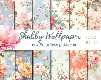 Digital download - vintage Shabby Chic Wallpaper seamless pattern | floral scrapbooking junk journal background papers commercial use