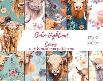 Pobieranie cyfrowe - bezszwowy wzór Boho Highland Cows | kwiatowy scrapbooking junk journal background papers do użytku komercyjnego