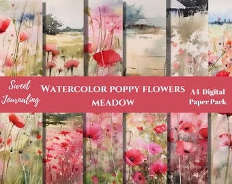 Digital download -11’ x 8’ Watercolour poppy fields flowers | floral scrapbooking junk journal background papers