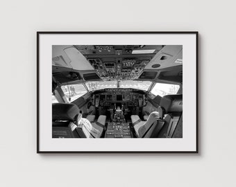 Foto Boeing 737-vliegdek: monochrome luchtvaartkunst (digitale download)