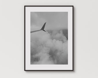Wingtip in Clouds Aviation-foto: minimalistische zwart-witafdruk (digitale download)