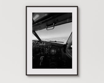 Luchtvaartfotografieprint: Boeing 737 cockpitweergave (digitale download)