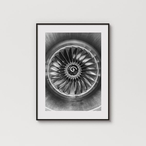 Boeing 737 Turbine - Téléchargement numérique instantané, Photographie aéronautique, Photo monochrome, Impression minimaliste, Art mural imprimable noir et blanc
