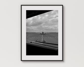 Luchtvaartfotografieprint: vliegtuig wacht op opstijgen (digitale download)