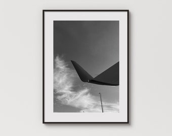 Foto Boeing 737 Wingtip Aviation: minimalistische zwart-witafdruk (digitale download)