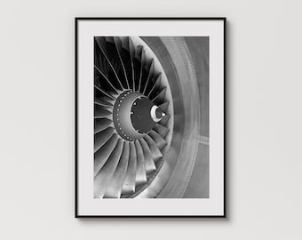 Print Boeing 737-motor: zwart-wit luchtvaartfotografie (digitale download)
