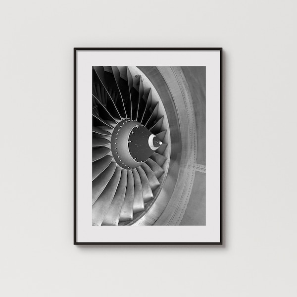 Boeing Engine - Téléchargement numérique instantané, Photographie d'aviation, Photo monochrome, Impression minimaliste, Art mural imprimable noir et blanc