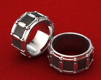 925 Sterling Silver Snare Drum Ring -Solid Body Ring -Music Ring -Rocker -Musicians Ring Drummer Ring -Snare Ring -12 mm Band .