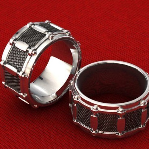 925 Sterling Silver Snare Drum Ring -Solid Body Ring -Music Ring -Rocker -Musicians Ring Drummer Ring -Snare Ring -12 mm Band .