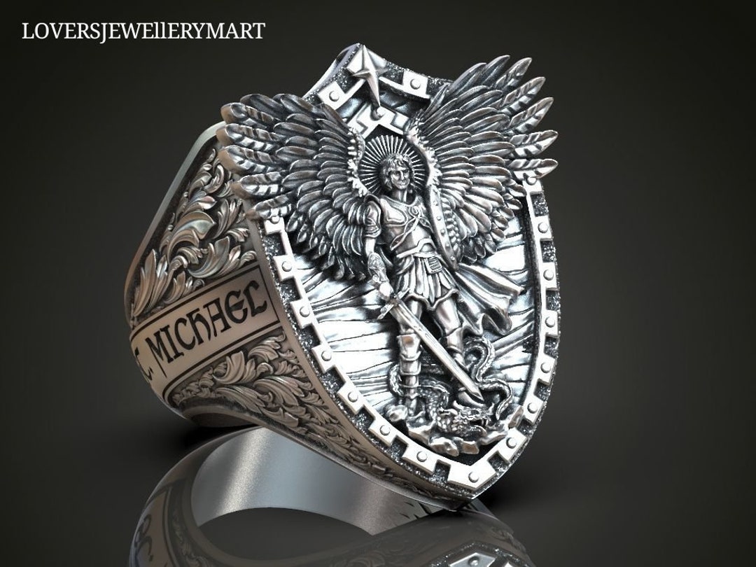 Saint Michael Archangel Ring, 3D Men Ring, Men Christian Ring, Religious Ring, Oxidized Silver