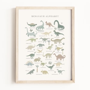 Impresión de acuarela del alfabeto de dinosaurios • Arte mural de dinosaurios • Cuadro de aprendizaje del alfabeto • Tema de guardería de dinosaurios • Decoración infantil neutra