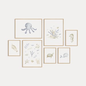 Ensemble d'impressions pour chambre de bébé Sous la mer – Art mural aquarelle animaux marins pour chambre de bébé, salle de jeux ou salle de bain d'enfants | Téléchargement numérique