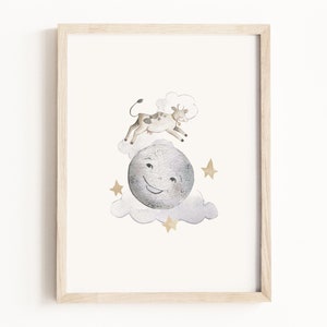 Cow Jumped Over the Moon • Mother Goose Watercolor Painting • Fairytale Characters • Storybook Nursery Wall Art • Neutral Children’s Decor