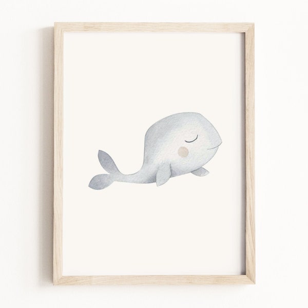 Blue Whale Art Print • Whale Watercolor Painting • Ocean Wall Art • Under the Sea Nursery Theme • Neutral Children’s Decor