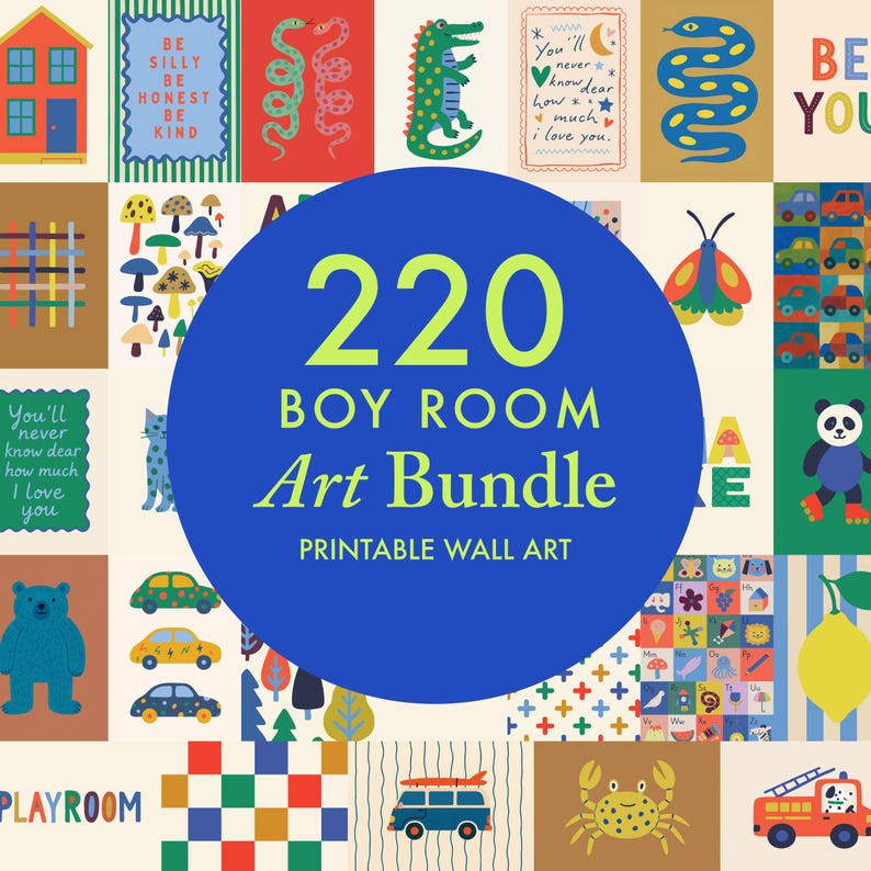 Puede incluir: Una colecci&oacute;n de arte mural imprimible y colorido para la habitaci&oacute;n de un ni&ntilde;o. La imagen presenta varias ilustraciones, incluyendo animales, coches y citas inspiradoras. El texto en la imagen dice "220 Boy Room Art Bundle Printable Wall Art".