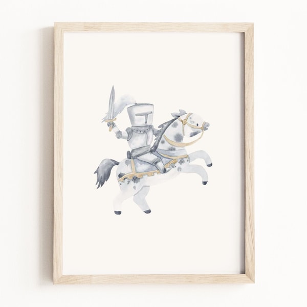 Knight Watercolor Print • Knight on Horse Painting • Princess & Knight Wall Art • Castle Nursery Theme • Neutral Children's Decor