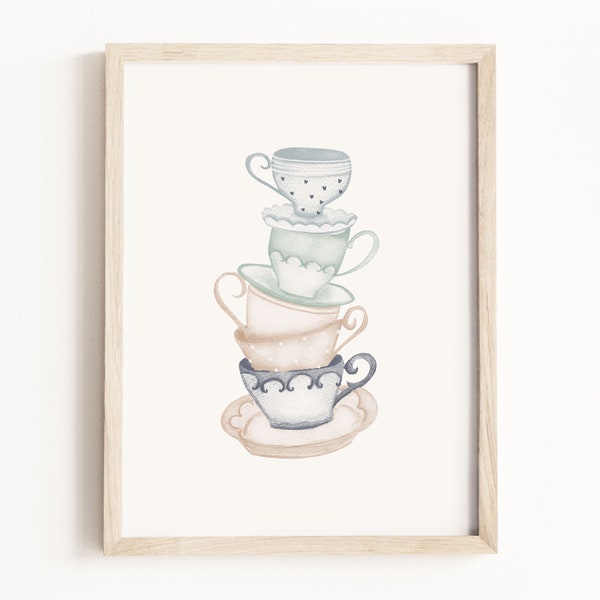 Tea Party Art Print • Teacup Wall Art • Alice in Wonderland Watercolor Painting • Storybook Nursery Theme • Neutral Children’s Decor