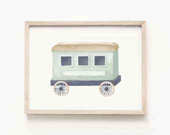 Railcar Art Print • Train Watercolor Painting • Train Transportation Wall Art • Train Nursery Theme • Neutral Children’s Decor