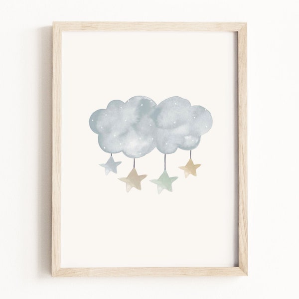Cloud and Stars Art Print • Sky Watercolor Painting • Star Nursery Wall Art • Celestial Nursery Decor • Neutral Children’s Decor