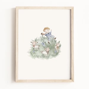 Art bleu petit garçon • Aquarelle mère oie • Personnages de contes de fées • Art mural livre de contes • Décoration neutre pour enfants