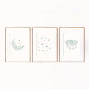 Dreamy Moon and Stars Nursery Print Set – Soft Pastel Cloud and Celestial Wall Art for Baby Room, Playroom, or Kids&#39; Decor