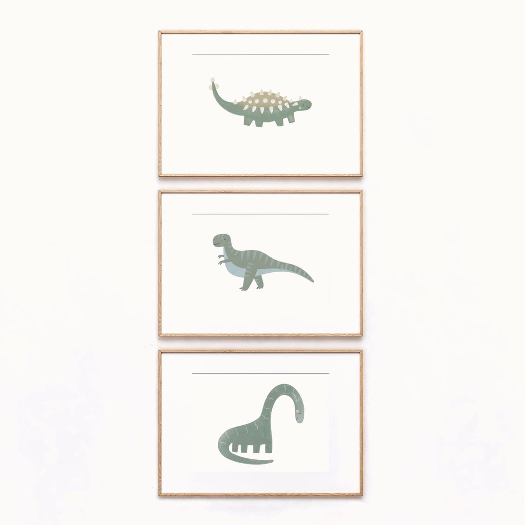 Green Dinosaur Nursery Print Set – Watercolor Dino Wall Art Trio for ...