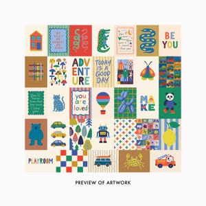 Puede incluir: Una colecci&oacute;n de coloridas ilustraciones con varios temas, incluyendo animales, veh&iacute;culos y citas inspiradoras. Las ilustraciones presentan una variedad de colores y estilos, con el texto "PREVIEW OF ARTWORK" en la parte inferior.