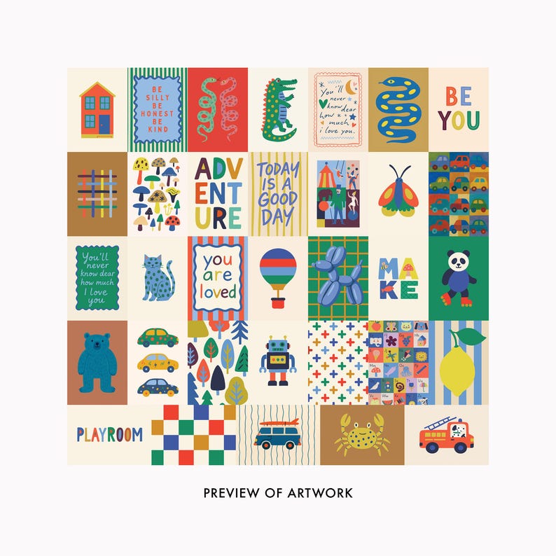 Puede incluir: Una colecci&oacute;n de coloridas ilustraciones con varios temas, incluyendo animales, veh&iacute;culos y citas inspiradoras. Las ilustraciones presentan una variedad de colores y estilos, con el texto "PREVIEW OF ARTWORK" en la parte inferior.