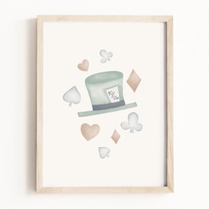 Mad Hatter-kunstafdruk • Alice in Wonderland muurkunst • Hoed aquarel schilderij • Kaart pak kunst • Verhalenboek kinderkamer • Neutraal kinderdecor