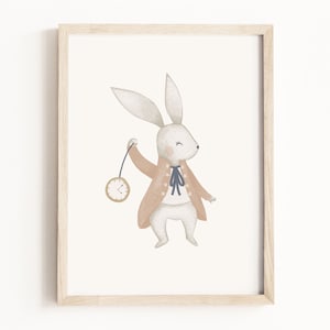 Impression d'art Alice au pays des merveilles • Peinture aquarelle lapin • Art mural personnages de contes de fées • Chambre de bébé livre de contes • Décoration neutre pour enfants
