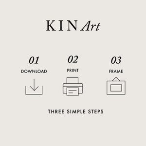Może przedstawiać: Minimalistyczna grafika z tekstem "KIN Art" na g&oacute;rze. Poniżej trzy kroki: Pobierz, Drukuj i Opraw, każdy z ikoną. Fraza "THREE SIMPLE STEPS" znajduje się na dole, wszystko w neutralnej palecie kolor&oacute;w.